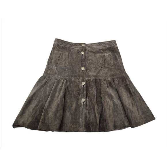 LOFT Brown Suede Button Front Skirt High Waist Ruffle Hem Flap Pockets Boho 8 - Picture 3 of 11